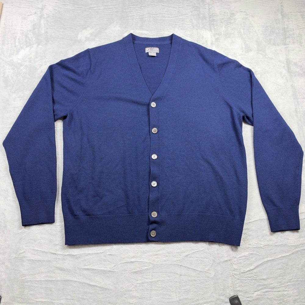 JCP Merino Wool Cardigan Mens XL Blue V Neck Button Front Grandpa Academia